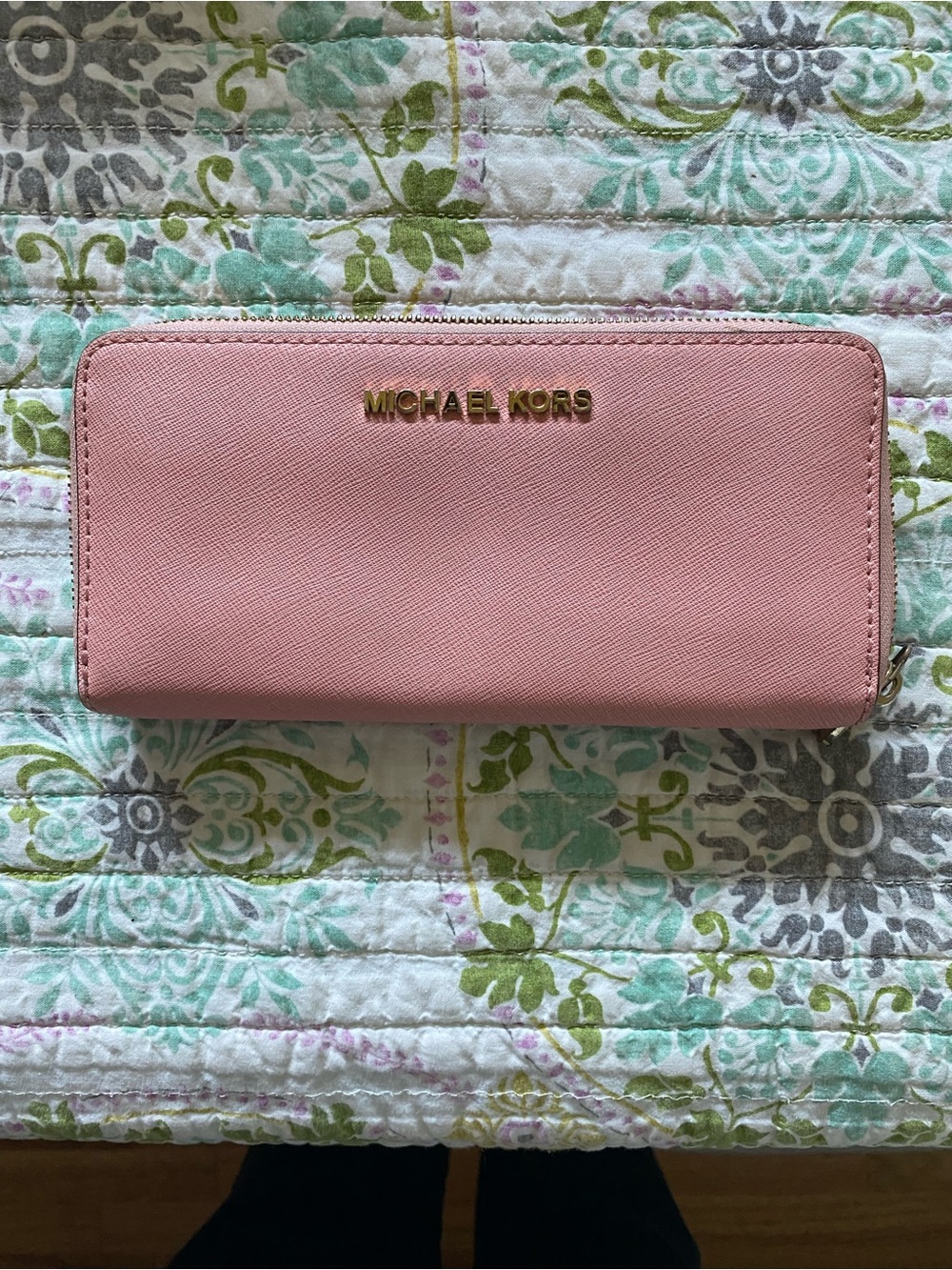 Michael Kors Blush Pink Saffiano Zip Wallet with Gold Logo